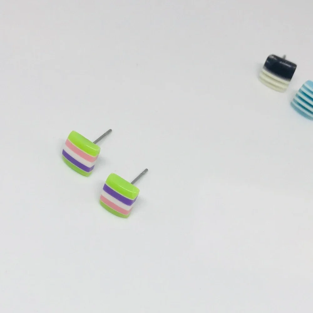 Multi Color Minimalist Repurposed Vintage Striped Bead Stud Earrings